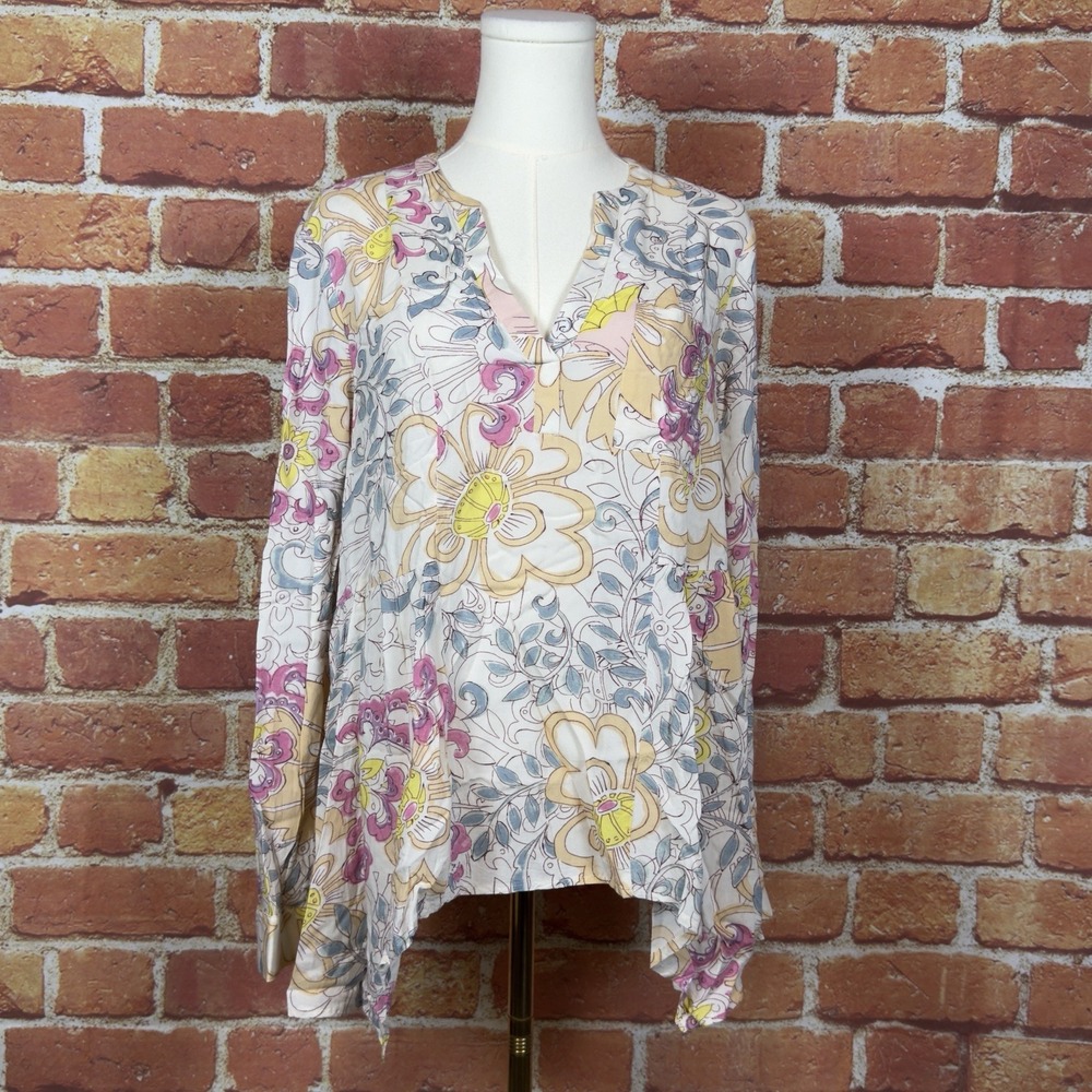 Maeve By Anthropologie Long Sleeve Blouse Women Size 6 V Neck Ivory Floral‎ Boho